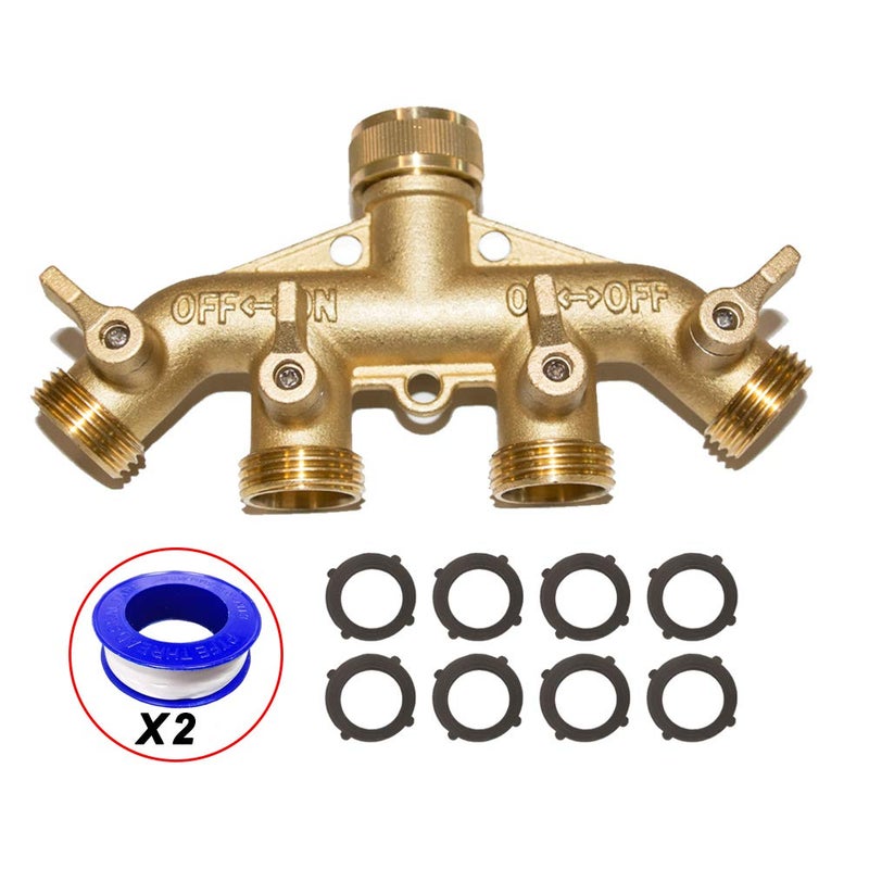 HQMPC 4 Way Hose Splitter 3/4"" GHT Garden Hose Splitter 4 Way Solid Brass Hose Connector Heavy Duty Hose Spigot Adapter With 4 Valves 8 Gaskets +2 Seal Tapes - Image 1